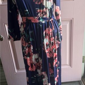 Navy Floral Belted Maxi Dress - Elegant Women's Floral Dress
